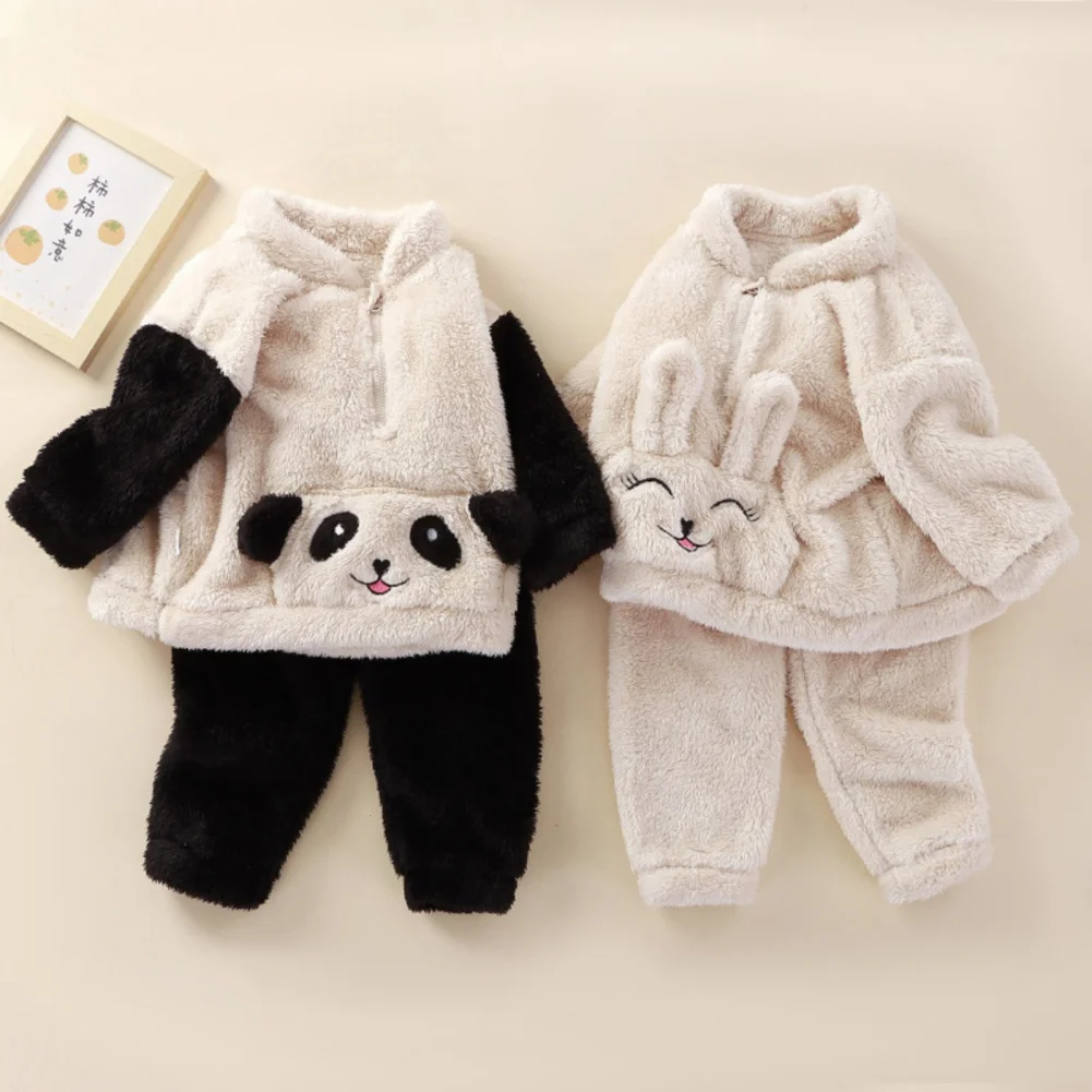 Winter Children Clothing Fleece Thick Warm Cartoon Panda Print Pajamas Set Child Sleepwear Pijama 2Pcs Sets Home Suits 6M-5Y