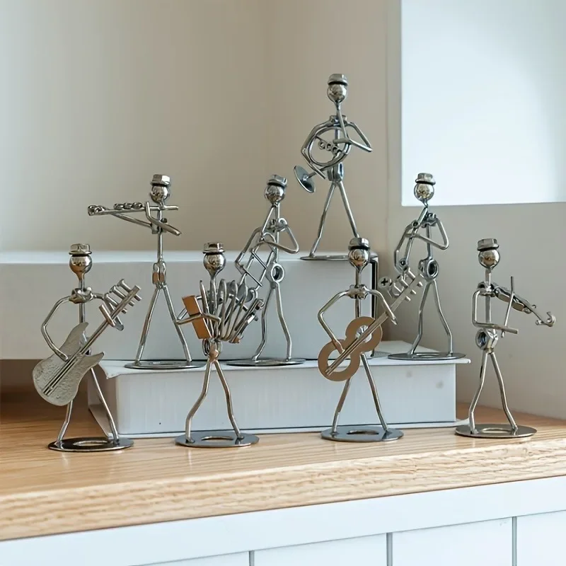 8pc Handcrafted Iron Art Metal Music Band Figurines Set Creative Music Band Iron for Man Home Decor Ornaments Brighten Your Home