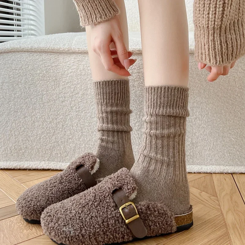 Luxury Women Thick Cashmere Wool Socks Warm Winter Casual Japanese Fashion Solid Color Comfortable Home Sock Medium High Quality