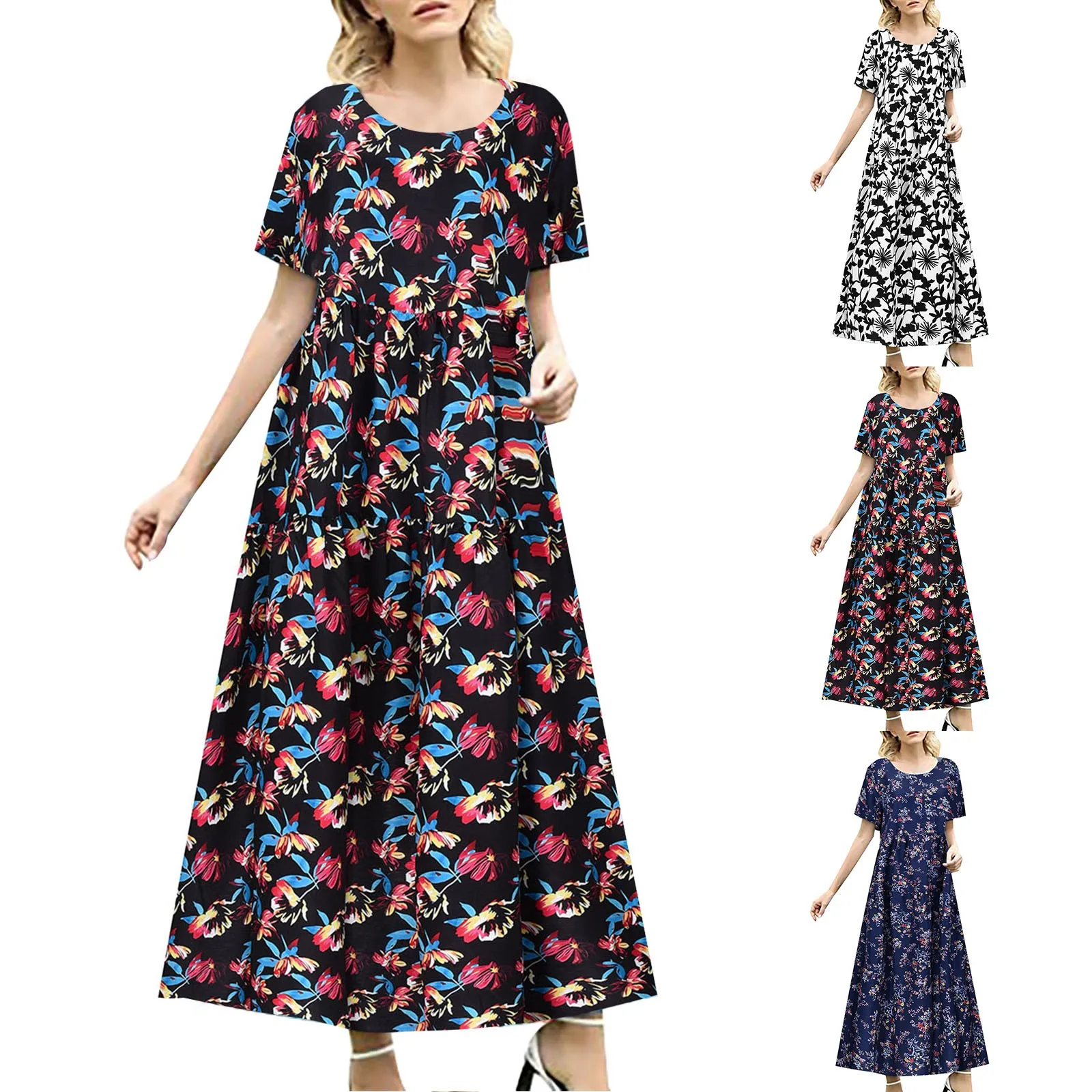 Frauen böhmischen Blumen Freizeit kleid Baumwolle fließendes Kleid Vintage Urlaub