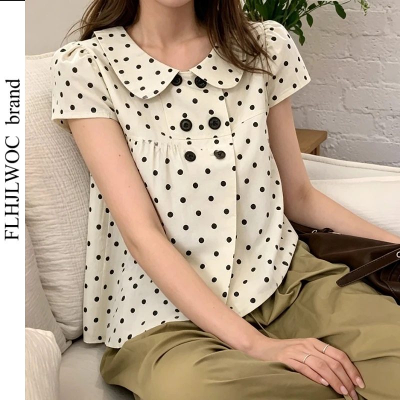 

Mori Girls Style Cute Clothes Summer Polka Dot Blouse Peter Pan Collar Short Sleeve Casual Japanese Design Short Shirt Tops