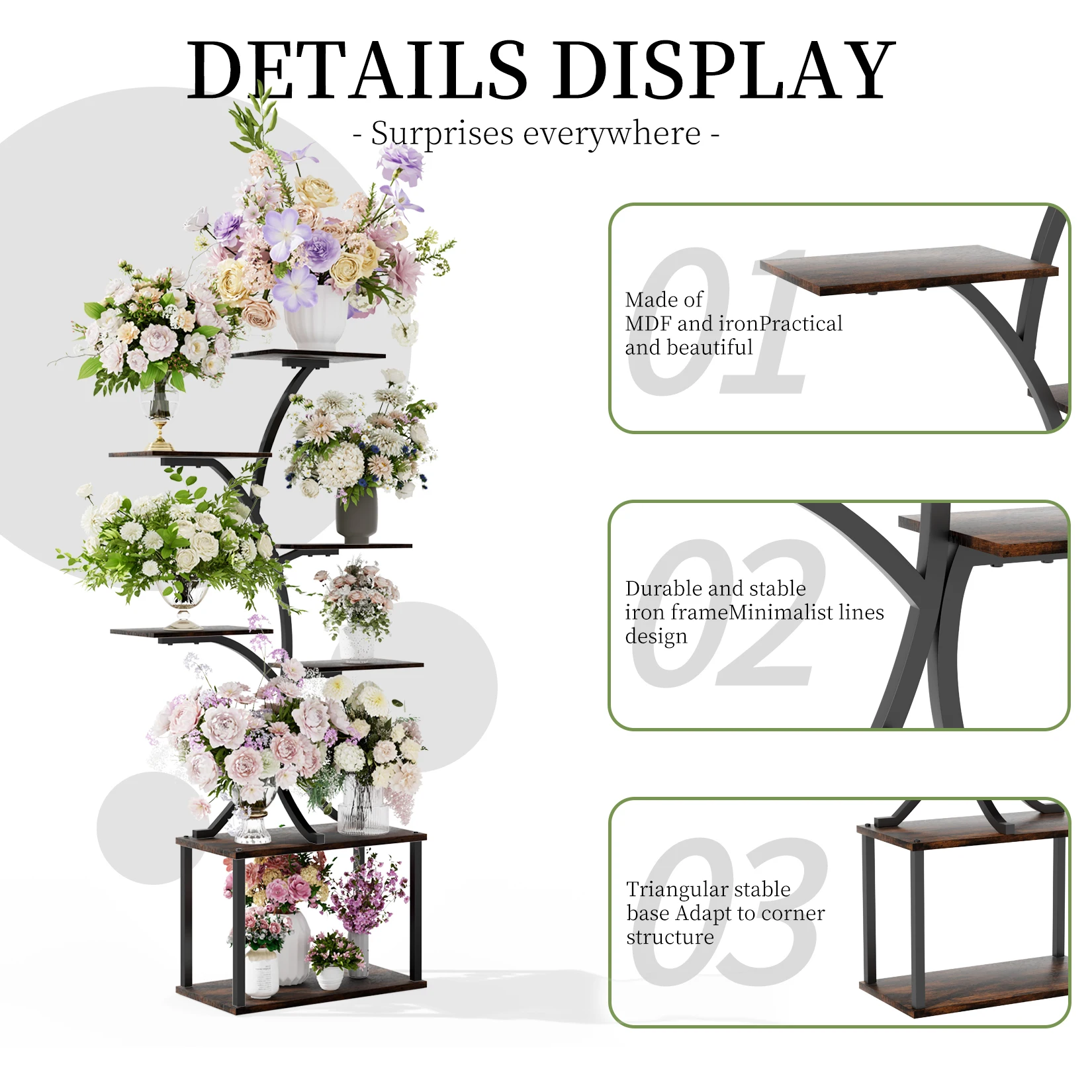 Tree-Shaped Industrial Plant Stand Display Rack Corner Flower Holder Multiple Shelves Organizer Rack