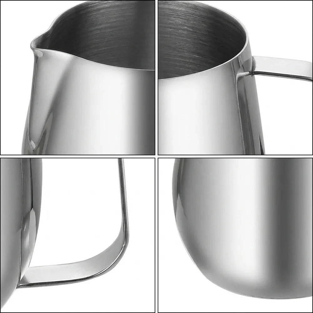 Stainless Steel Frothing Pitcher with Rounded Base and Tapered Spout for Improved Milk Flow and Visual Presentation Control