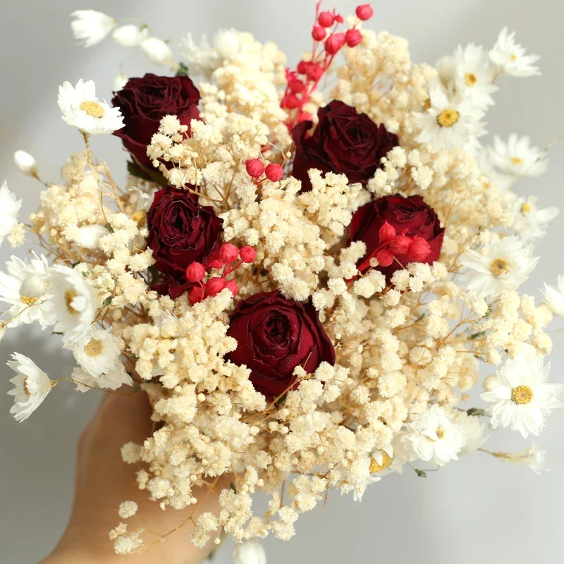 Natural Bridesmaid Hand Holding Flowers Baby'sBreath Eternal Rose Wedding Bridal Bouquet Wedding Engagement Valentines Day Decor