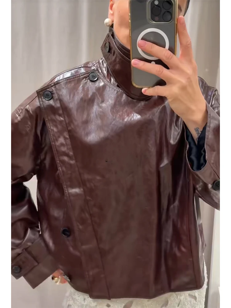 Women Brown Stand Collar Leather Jacket Fashion Full Sleeves Button Loose Short Coat 2025 Autumn Lady Solid High Street Outwear