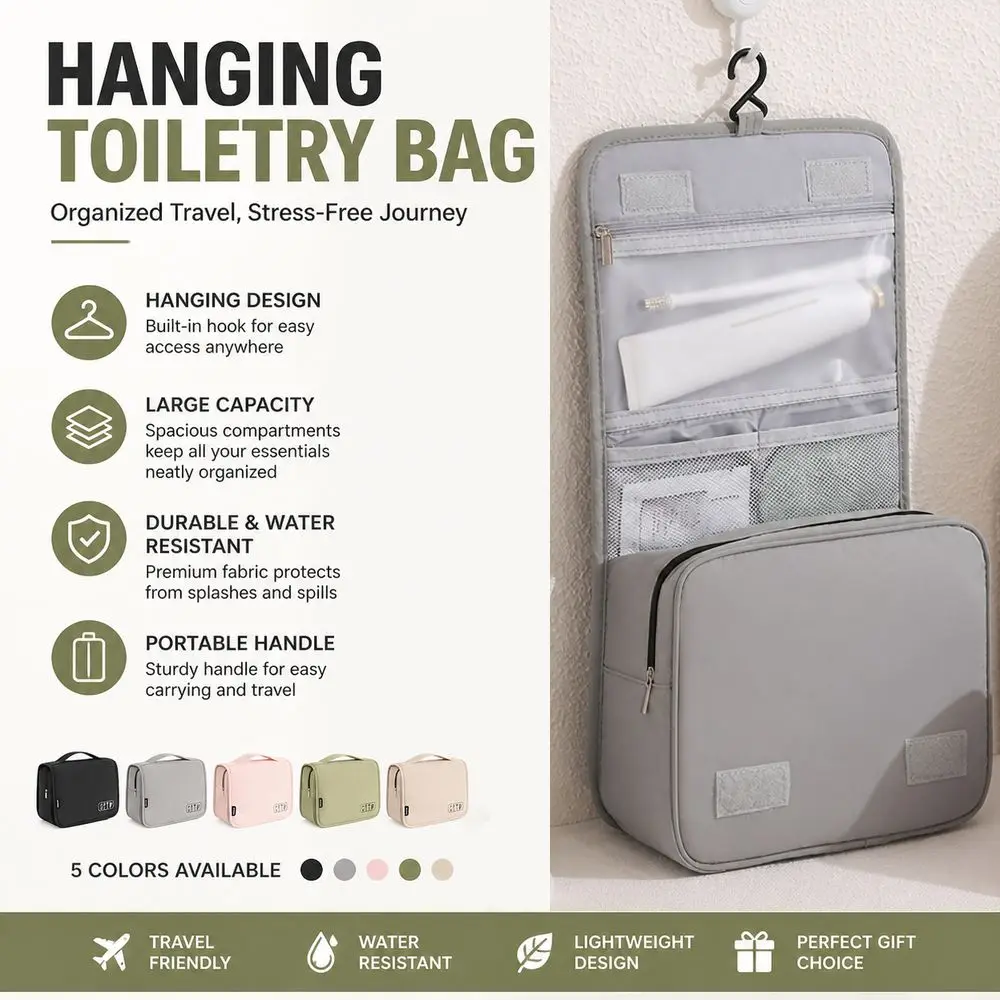 Portable Hanging Toiletry Bag Carry Handle Built-In Hook Travel Wash Bag Waterproof Large Capacity Makeup Organizer Bag