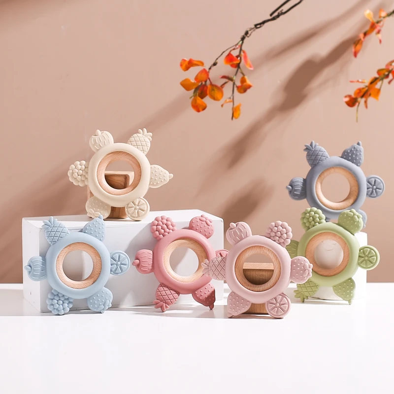 Baby Silicone Teether Toys Food Grade Silicone Bow Wooden Ring Bracelet Teething Toys For Baby Soothing Tooth Chew Teething Toys