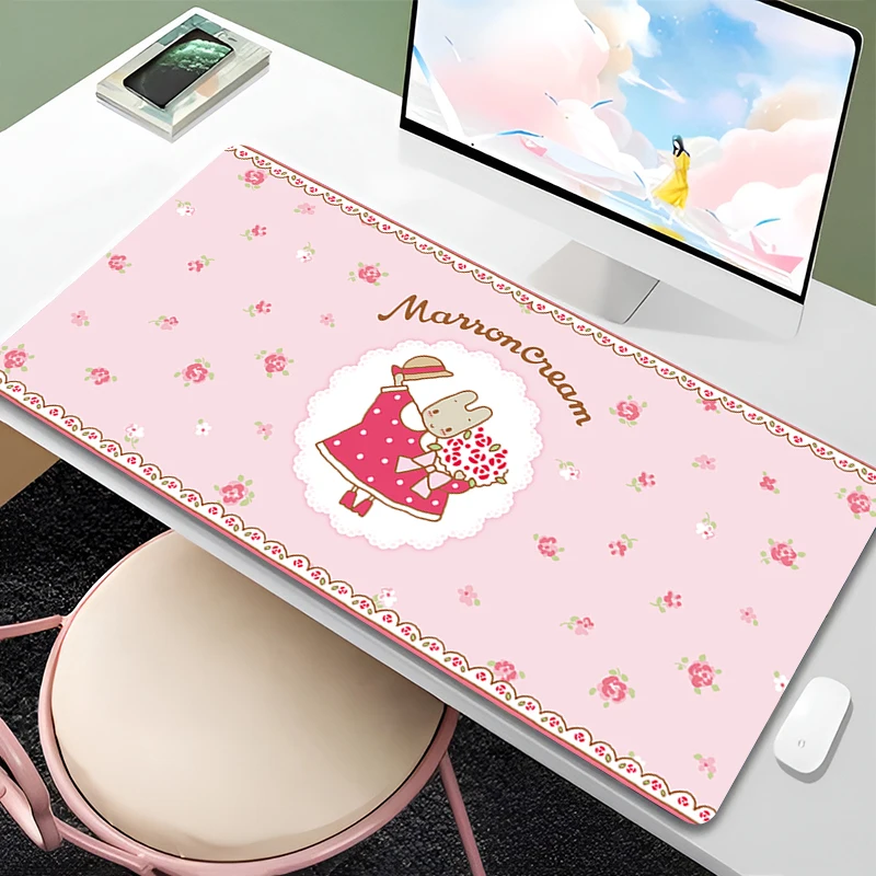 Mauspad Kawaii Pink Bunny Erweiterte Schreibtischunterlage Laptop Blumenmuster M-Marron Creme Mousepad PC Gaming Zubehör Tastaturpad