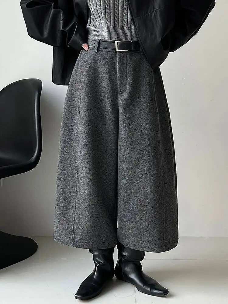 ハイウエストライトグレー厚いエレガントなロングワイドレッグウールパンツ新しいズボン女性ファッション潮春秋
