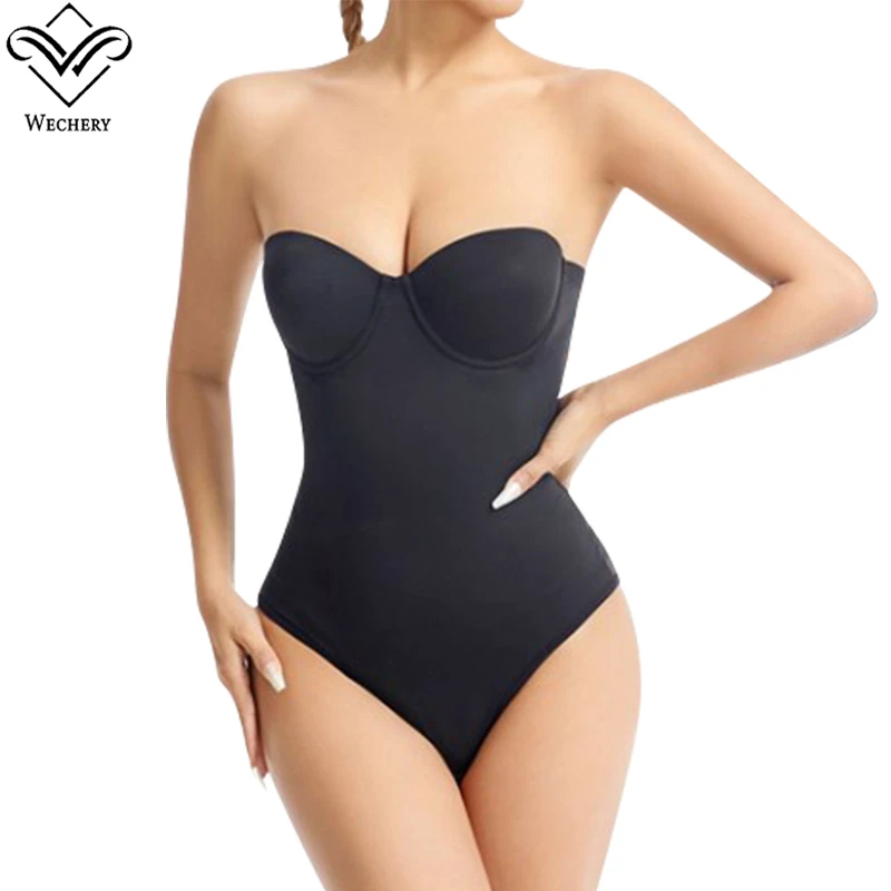 Wechery Women\'s Bodysuit Slimming Body Shaper Tummy Control Shapewear Detachable Shoulder Strap Female Underwear