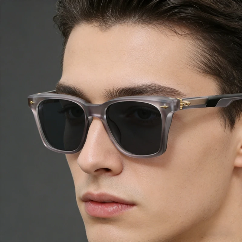 Luxury Acetate Square Sunglasses Men Women Vintage Black Frame Gold Accents Transparent Arms UV400 Sun Glasses