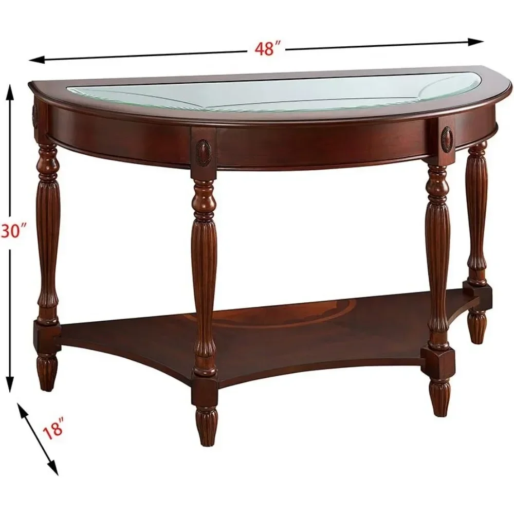 Traditional Solid Wood Semi-Circle 45" Sofa Table with Tempered Glass Top for Living Room, Cherry Walnut