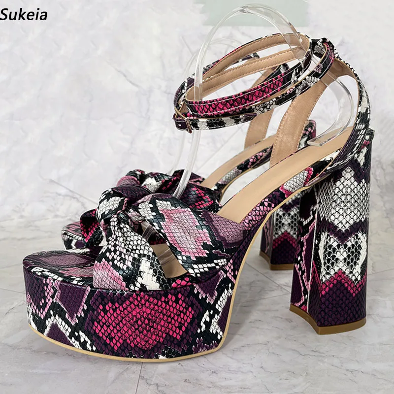 Sukeia New Stylish Women Summer Sandals Snake Chunky High Heels Round Toe Pretty Casual Shoes Ladies US Size 5-20