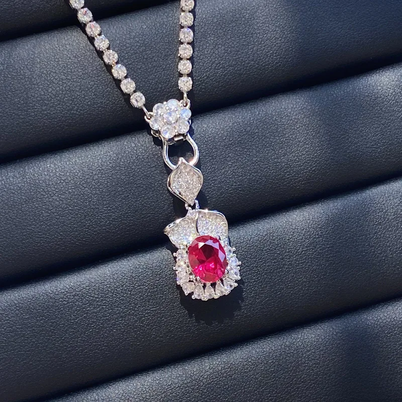Flower-shaped red corundum fashion three-piece diamond-studded ladies engagement silver ring. Elegant party pendant earring set.