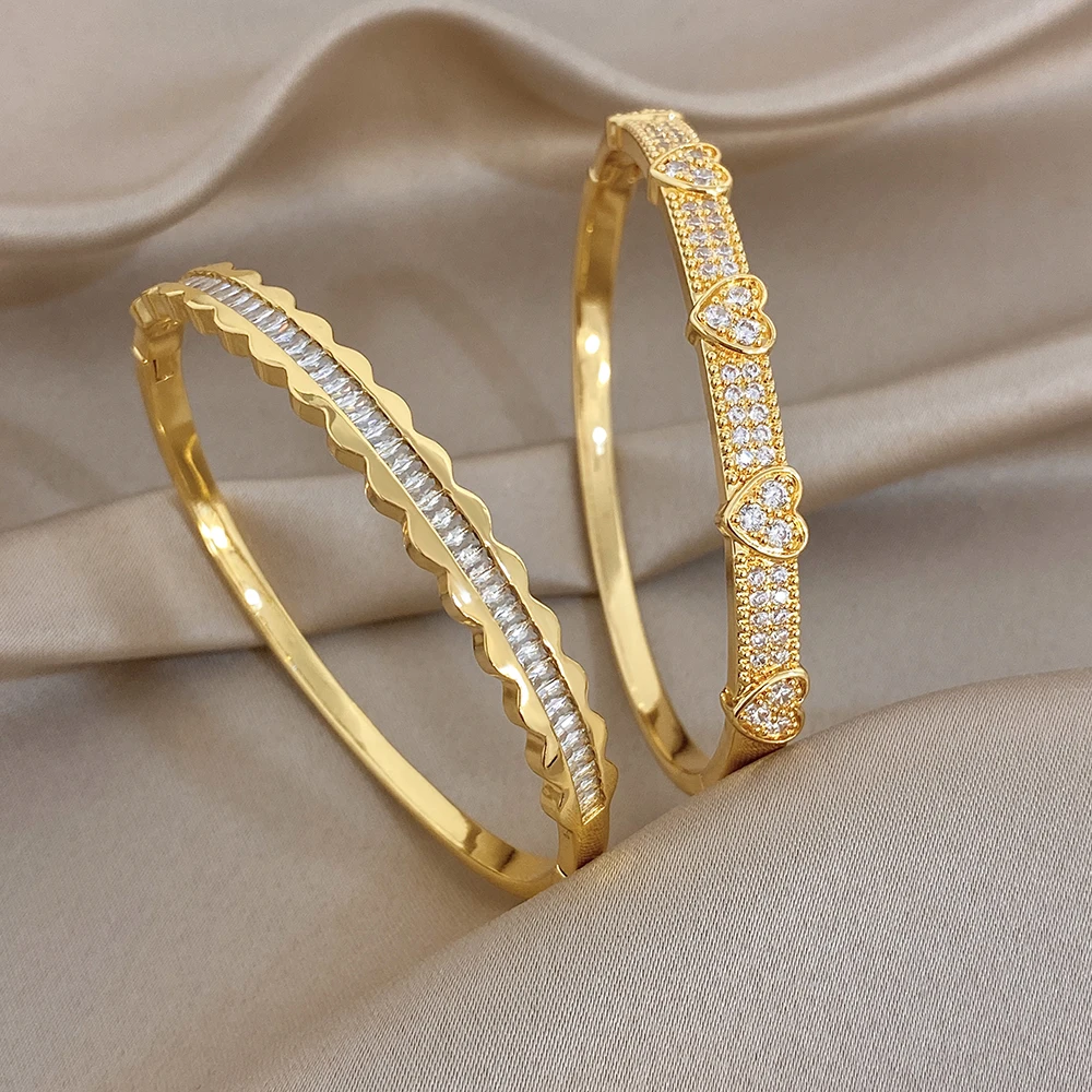 Elegant Wave Heart Zircon Inlaid Waterproof Stainless Steel Bangle for Women Glossy Gold Plated Spring Bracelet Festival Jewelry