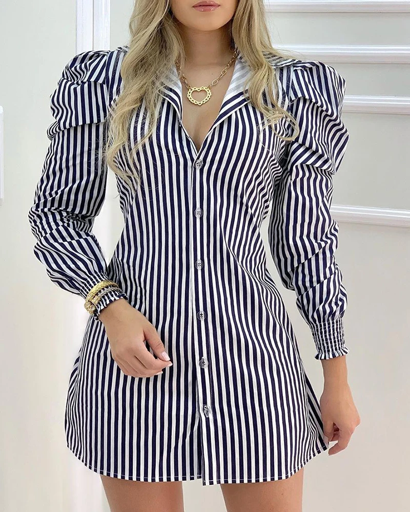 Abito elegante da donna 2024 estate ultimo stile europeo e americano pendolare City Stripe Bubble Sleeves Slim Fit Shirt Dress