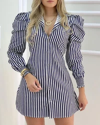 Women's Elegant Dress 2024 Summer Latest European and American Style Commuter City Stripe Bubble Sleeves Slim Fit Shirt Dress