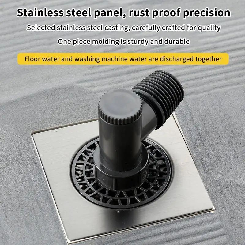 Square Stainless Steel Odor Proof Drain Shower Obstacle Filter Washing Machine Drain Connector Cover Adapter Tee Joint Adapter