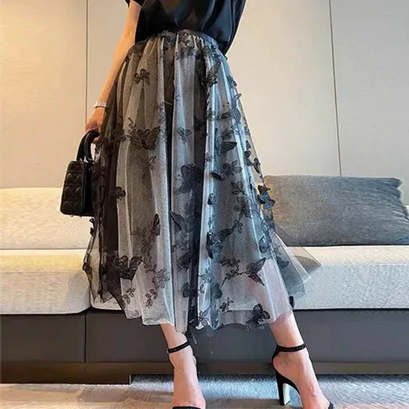 Vintage Butterfly Embroidery Midi Skirts Women High Waist Casual Faldas Largas ajustadas Korean Style Mid Length Tulle Skirt y2k