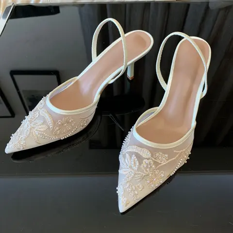 Märkesdesigner Vita Dampumps Mesh Broderade Blommor Bakrem Sexiga Slingback Höga Klackar Klänning Bröllopsskor För Damer 8 best sales elfenbensvita bröllopsskor - №4