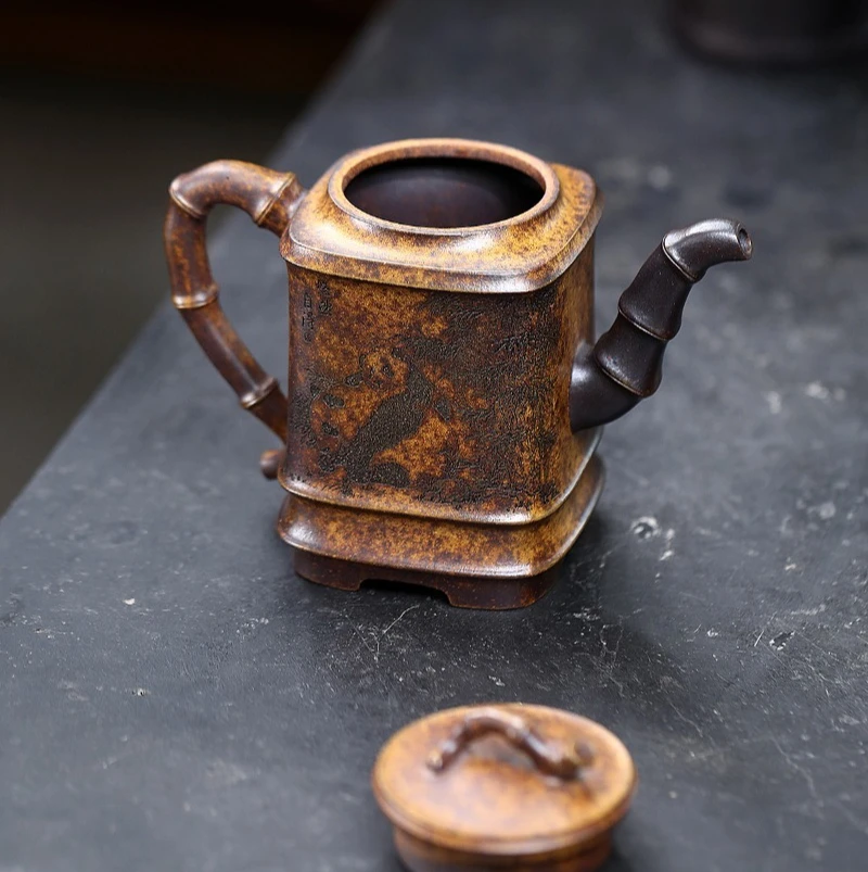 Panda Square Bamboo Segment Yixing Handmade Purple Clay Teapot, Raw Ore Kung Fu Tea Set 300ml