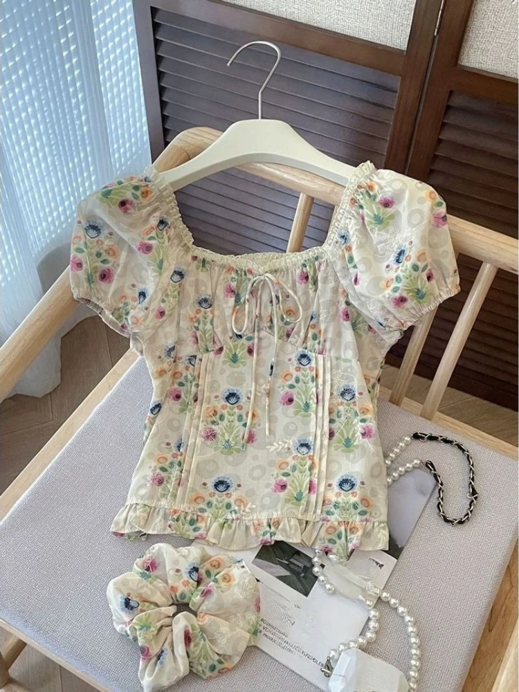 

French Vintage Blouses Pleated Ruffles Square Collar Puff Sleeve Shirts Print Female Slim Crop Tops Summer New Women's Clothing