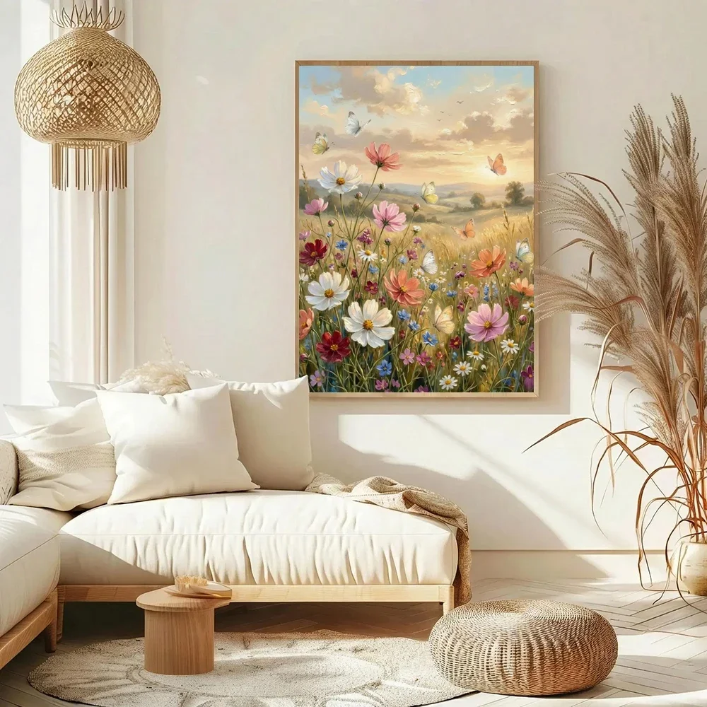 Frameless Canvas Painting Frameless Printable Wildflower Field Print, Spring Meadow Painting, Neutral Landscape Vintage Print, A
