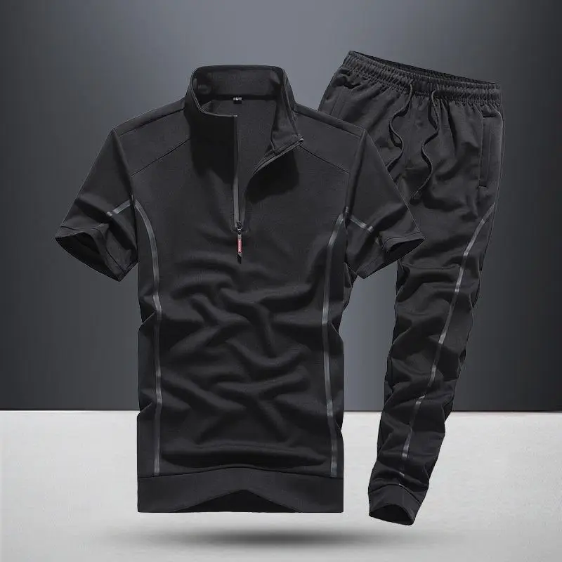 

Short-sleeved Suit Men Summer Thin Stand Collar Sportswear Two-piece Set New Casual Business T-shirt
