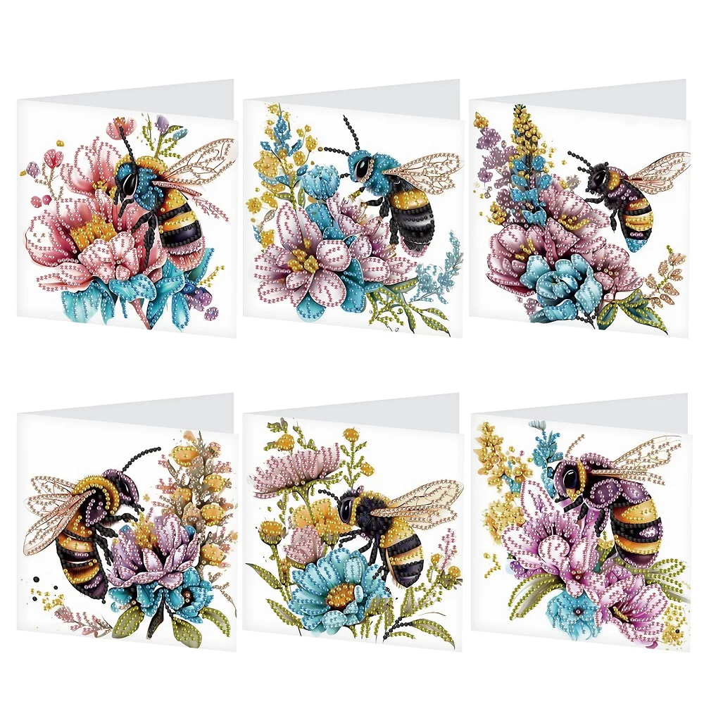 6-teiliges Grußkarten-Set für Diamant-Kunstmalerei, Bienen und Blumen, Diamant-Kunsthandwerk mit Umschlägen, Diamantkarten für Feiern