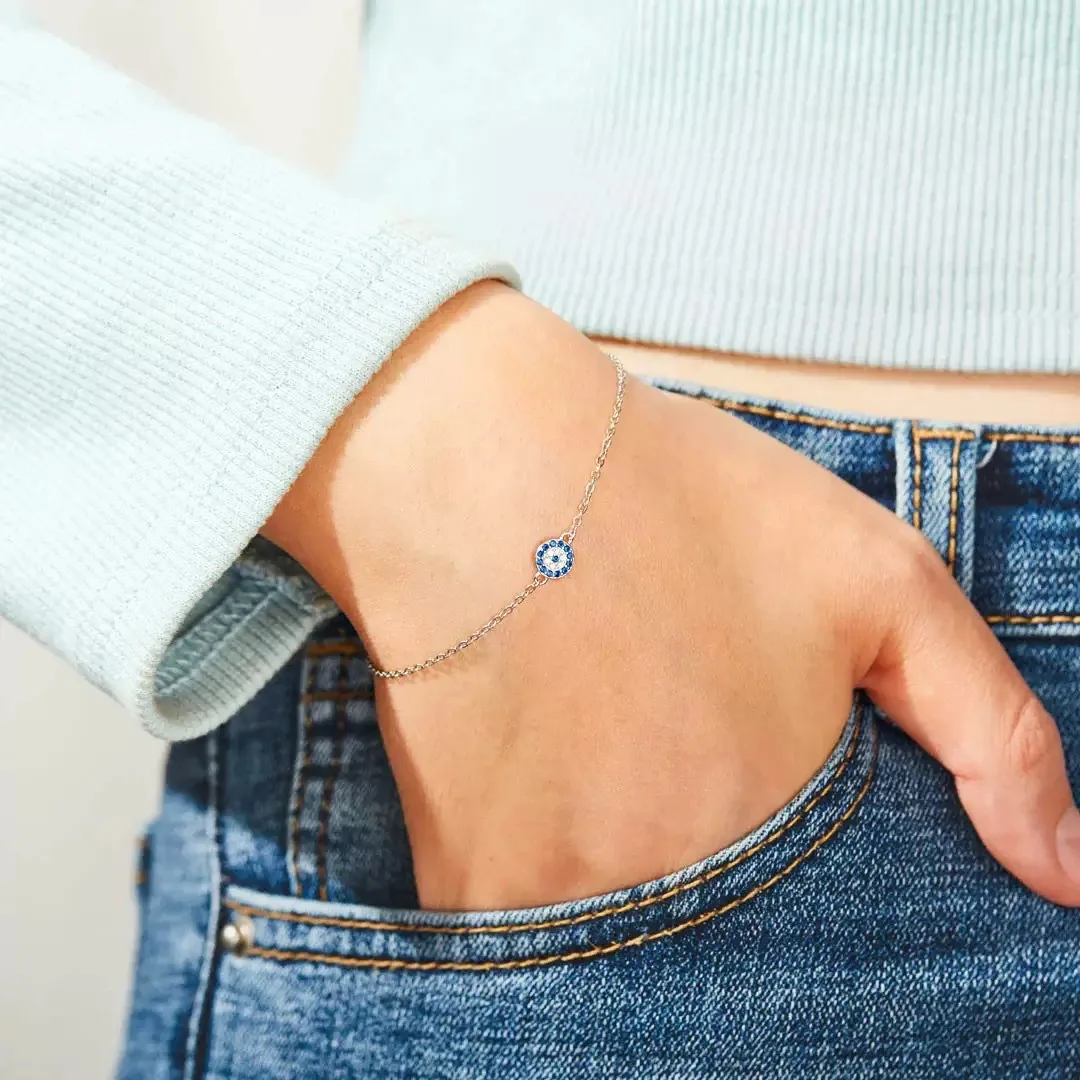 Round Created Blue Spinel 925 Sterling Silver Evil Lucky Eyes Bracelet for Woman Gemstone Fine Jewelry Pulseira Prata Party Gift
