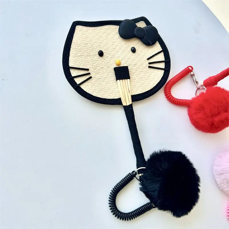 アニメかわいいハローキティわら織りヤシファン小麦わら手作りファンハローキティガールかわいい夏ファン漫画かわいいアクセサリー