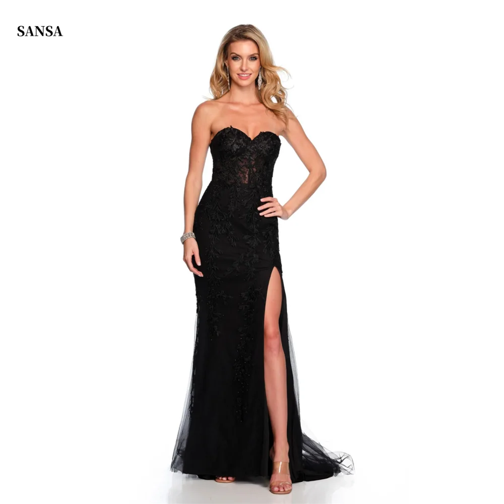 

Sansa Black Strapless Prom Dresses Mermaid Tulle Vestidos De Fiesta Elegant Sleeveless Lace-up Back Side Split Evening Dress