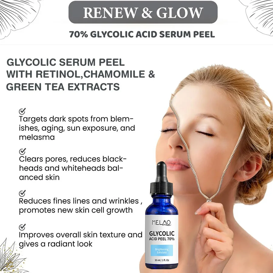 70% Glycolic Acid Serum Peel ExtractS For Wrinkles,Acne Scars,Fine Lines,Collagen Boost Anti -Aging Uneven Texture and Dull Skin