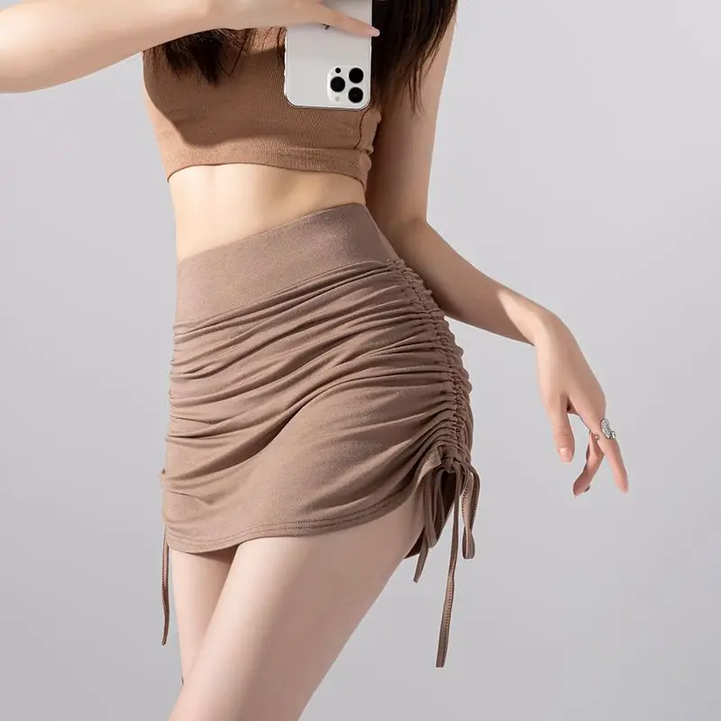 Women Pleated Mini Skirt Side Drawstring Straps High Waist Slim Fit A-line Skirt Hip Liftting Sports Bottoms Breathable Skirts