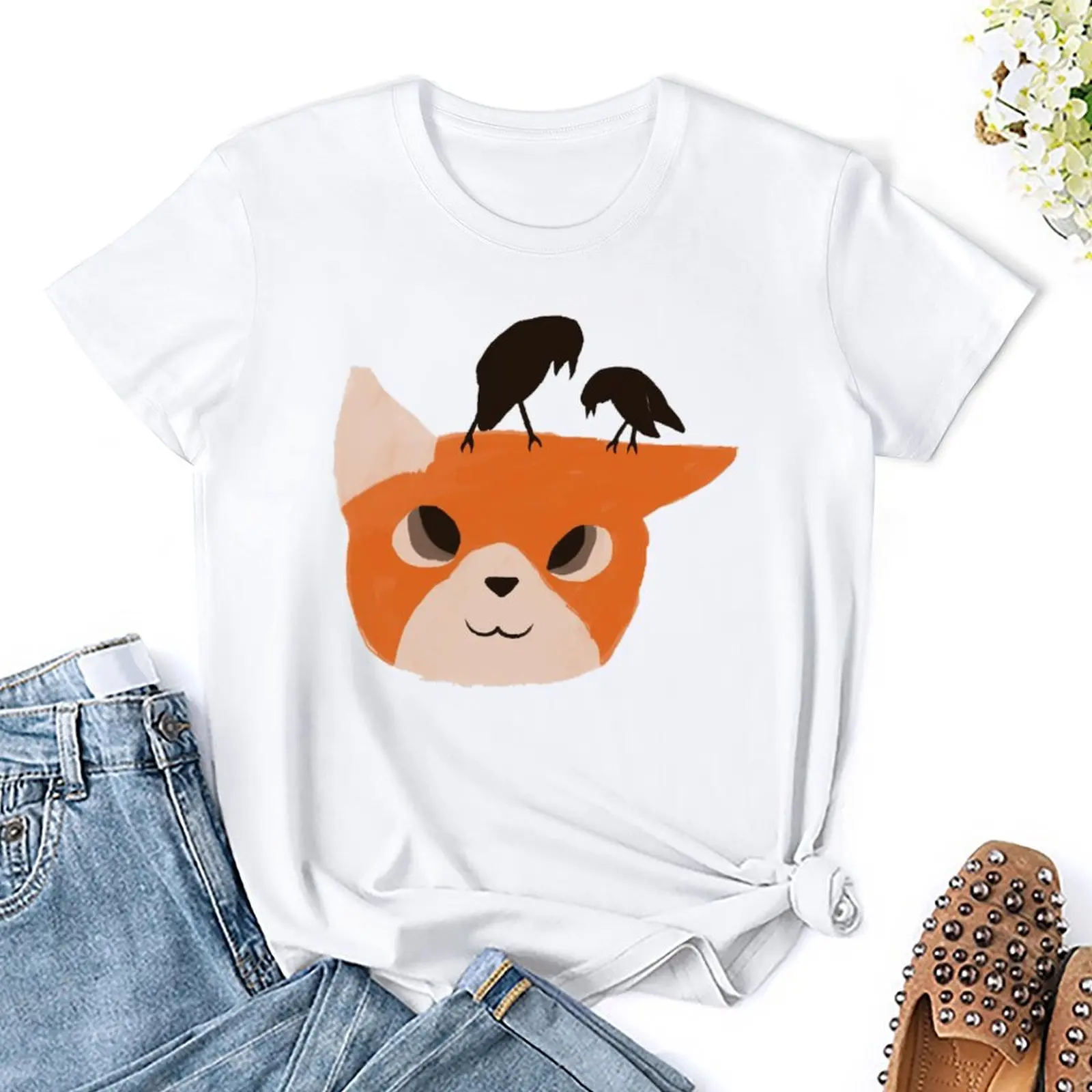 Cute Fox with Birds on Its Head Fo T-shirt Round Neck Move Top Tee Vintage Home Funny Sarcastic