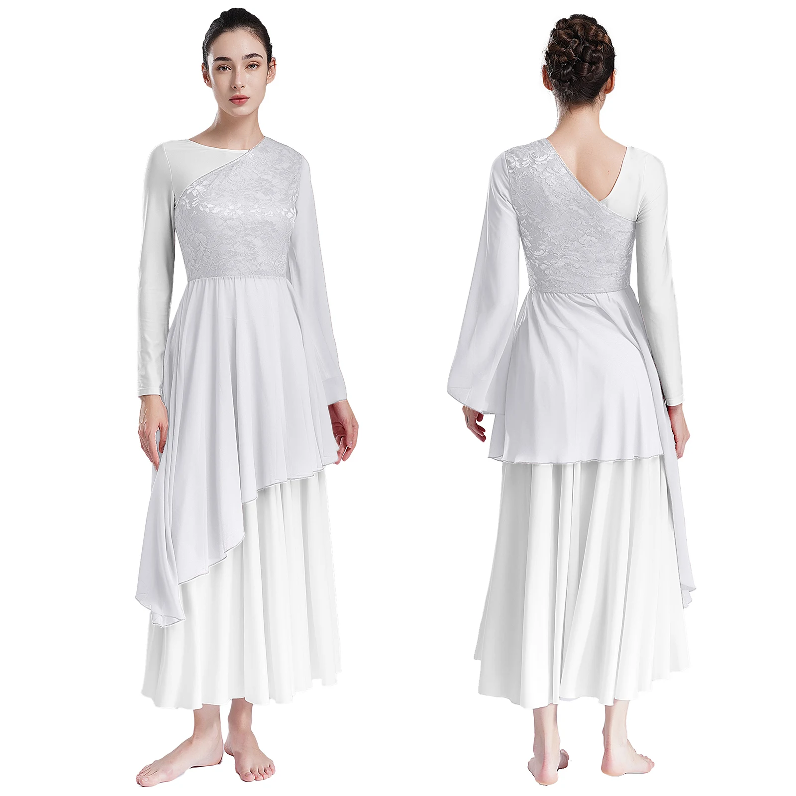 

Women Lyrical Dance Dress Church Choir Worship Praise Costume One Shoulder Flared Sleeve Floral Lace Chiffon Patchwork Tunic