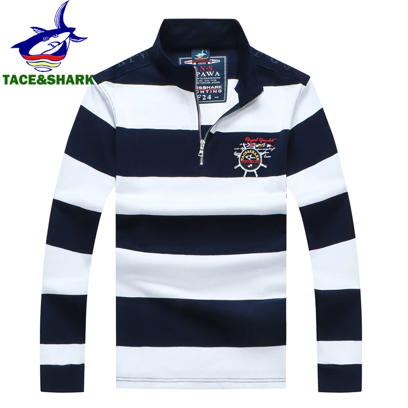 TACE&SHARK Brand Shark Wide Stripes Embroidery Red Long Sleeve Polo Tops Casual Fashion Men Slim Polo Casual Business Clothes