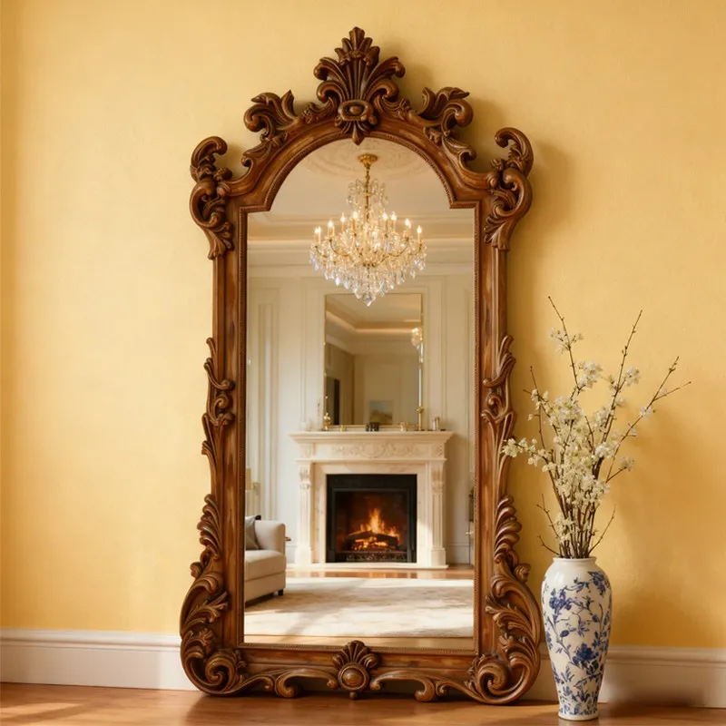 French retro full-body mirror carved arched full-length mirror new Chinese-style home living room diagonally against the wall