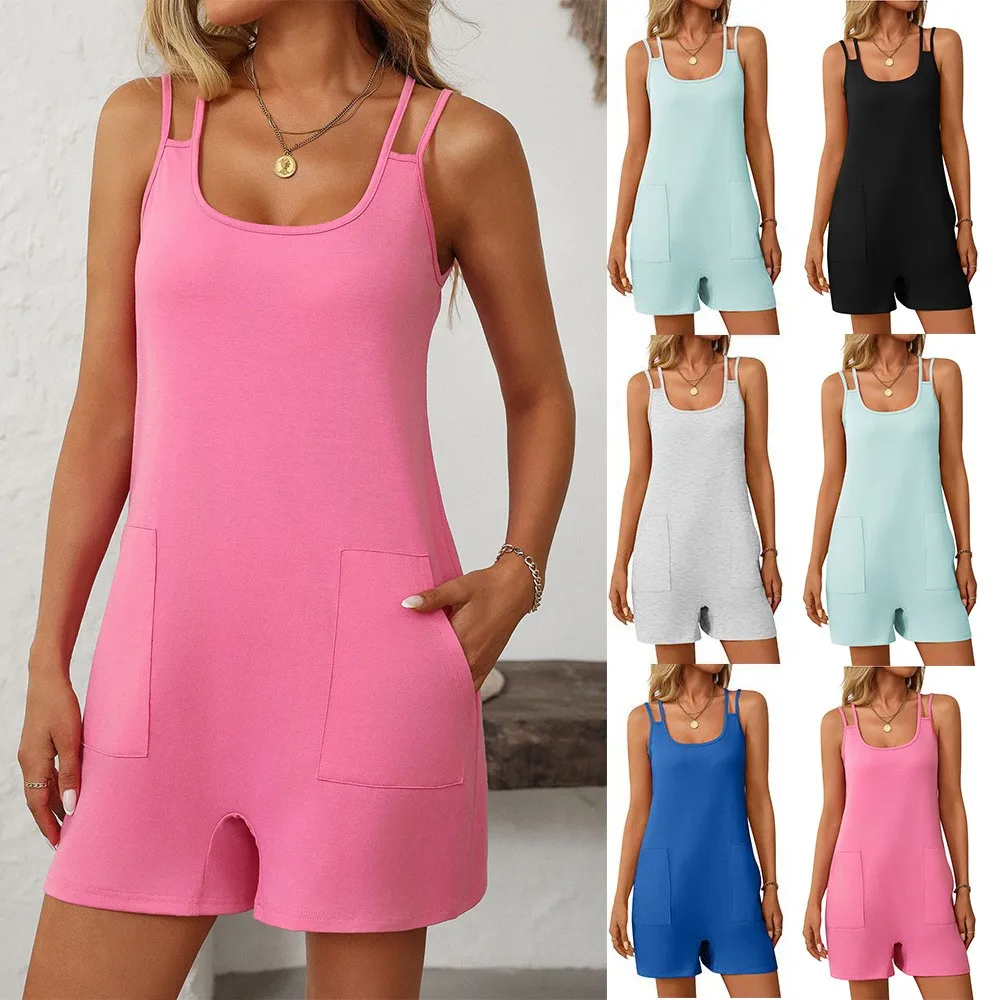 

Vacation Jumpsuit Women Clothes Knit Romper Sleeveless Loose Fit Shortalls Pink Straight Leg Overalls Front Pockets Solid Color