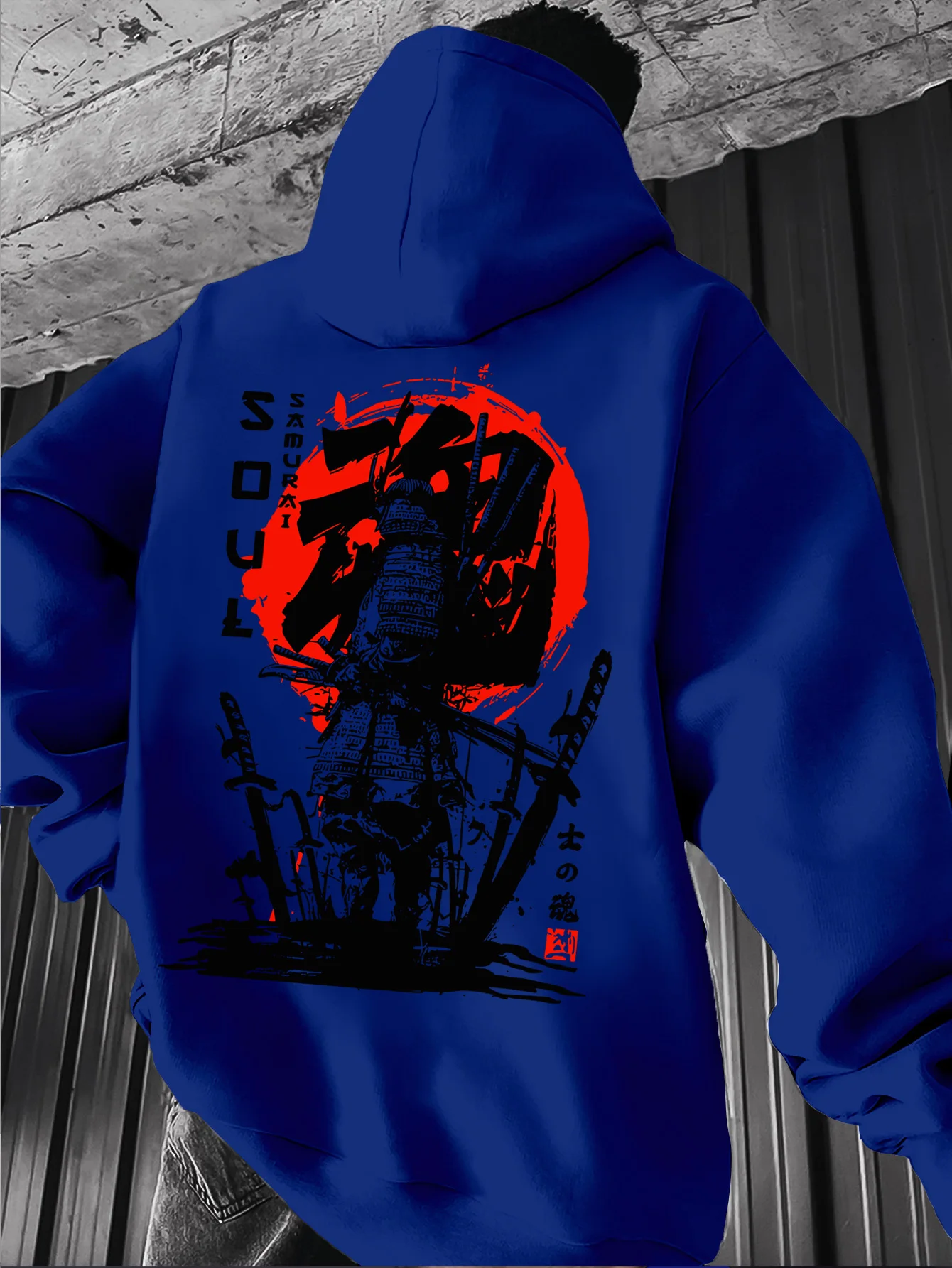 Traditional Samurai Pattern Printed Streetwear Men's Hooded Sweatshirt for Autumn and Winter Casual Long-sleeved Pullover.