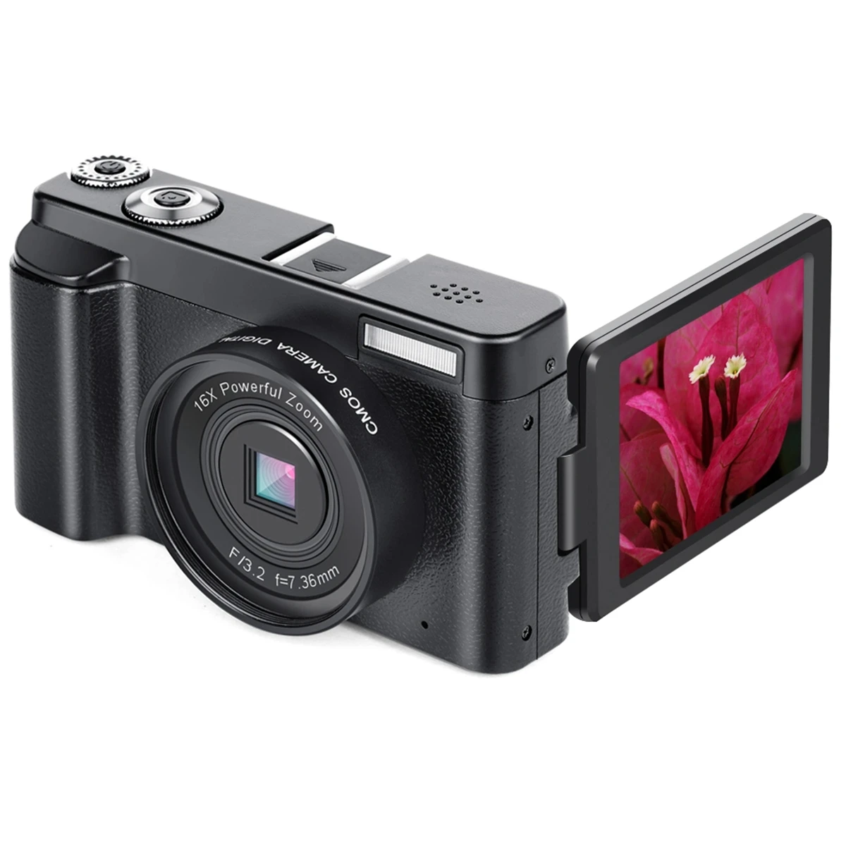 Digital camera with 48 MP, HD 1080p, 16x Zoom, flip screen black