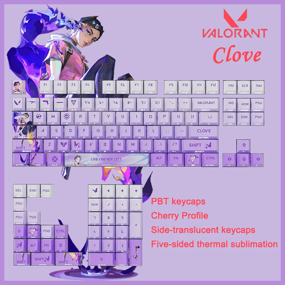 Valorant Keycaps Customized For Clove Jett Cherry Profile Side-print Translucent Keycap PBT Five-Sided Thermal Sublimation Caps