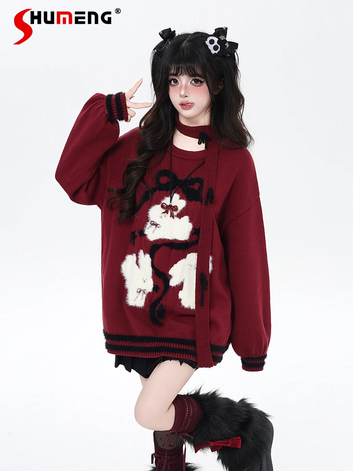 

American Streetwear Sweet Cool Girl Y2K Knitted Tops Round Neck Long Sleeve Lazy Casual Loose Pullovers Sweaters Women Autumn