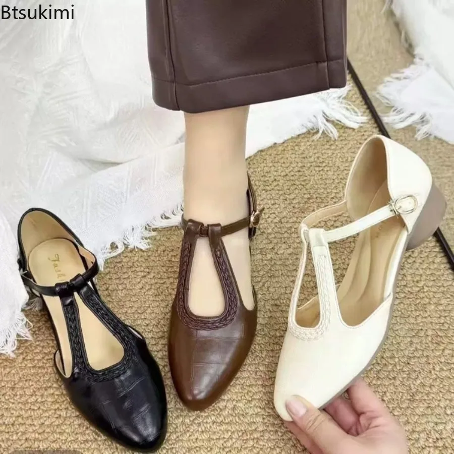 New Summer Women's Retro Hollow Out Pumps Fashion Leather Pointed Toe Chunky Heel Shoes Cover Toe/Heel Shoes Ankle Strap Sandals view 3