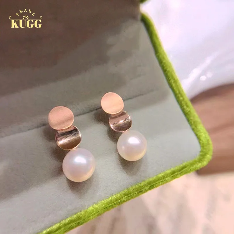 

KUGG PEARL 18k Rose Gold Earrings Natural Freshwater Pearl Earrings Fashion Drop Earrings for Women Party