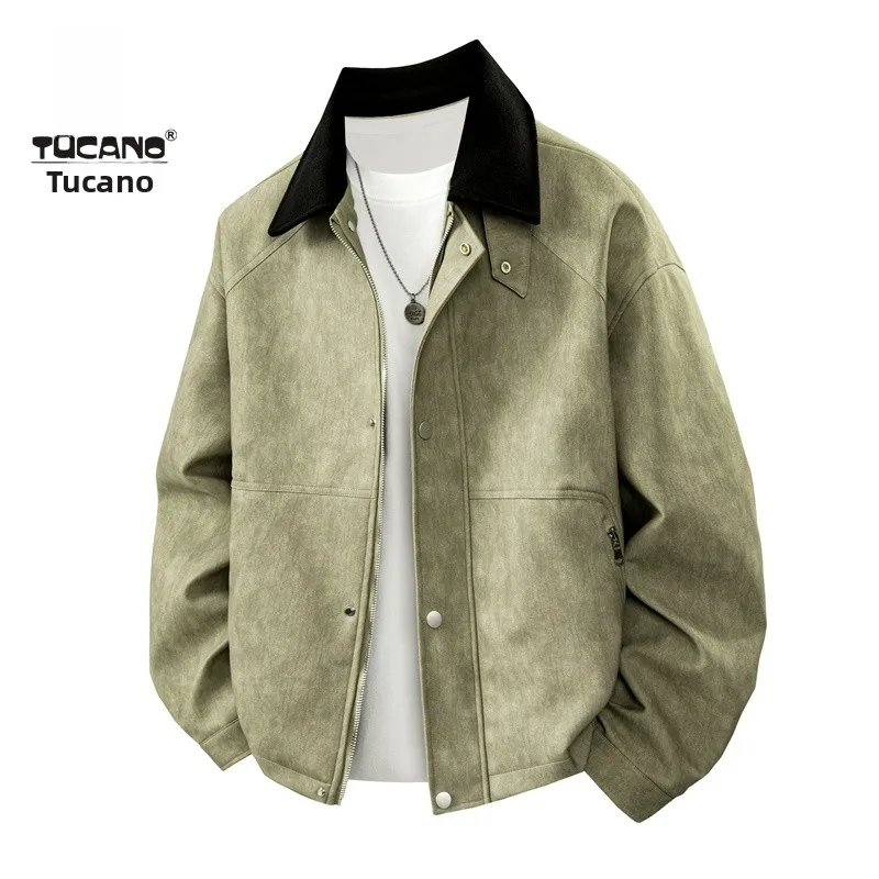 

TUCANO Large Size Men's Leather Jaet Casual Biker Sle Faion Urban Autumn Winter Coat Long Sve Zipper Closure Pure Color