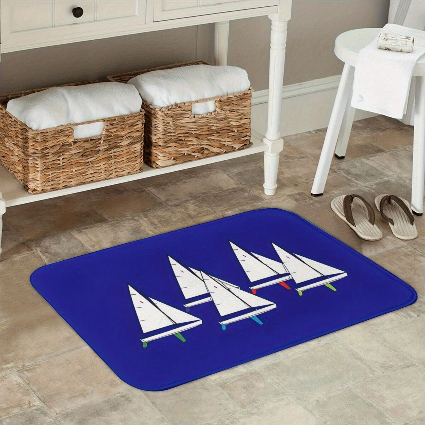 1pc Flannel Bath Mat Holiday Gift Lightning Sailboat Racing Design Machine Washable Mat Suitable For Bathroom And Living Room