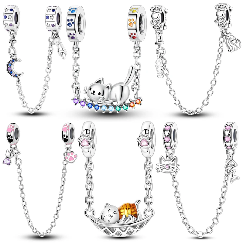 Cat Shape Safety Chain Dangle Charm Bead Fits 3mm Bracelet Bangle Necklace For Women Pendant Luxury DIY Jewelry Making Fine Gift