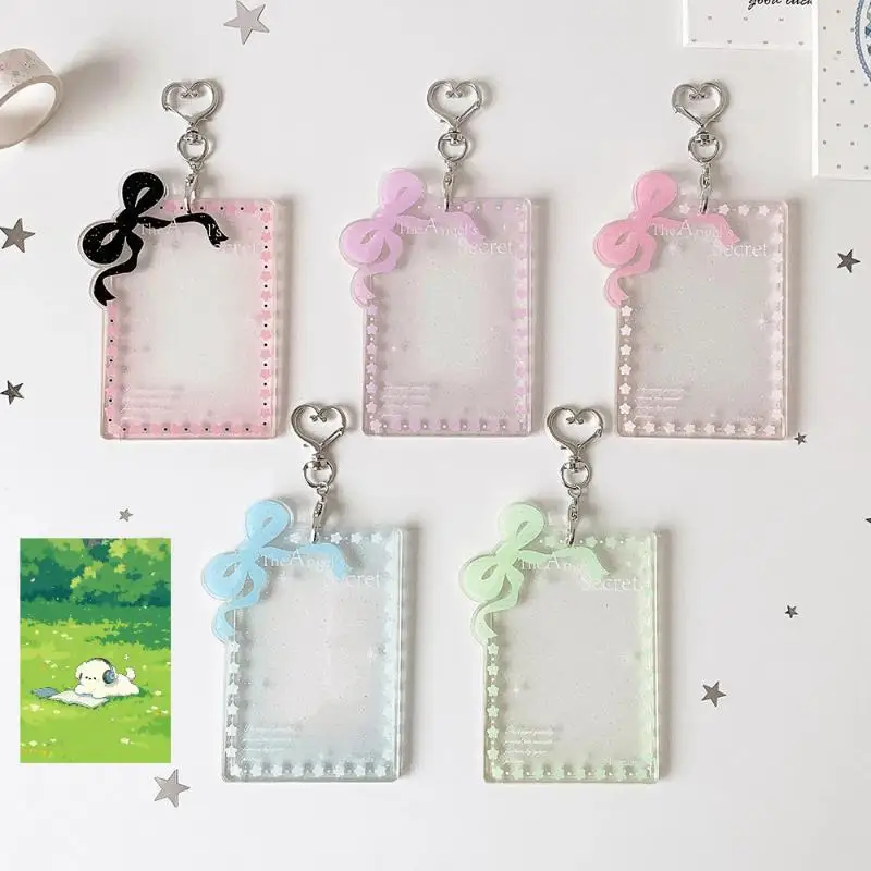 Cute Bow Heart Glitter Photocard Holder Clear Acrylic Keychain 1Pcs Waterproof for Kpop Fans Daily Commute Use