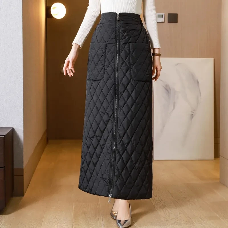 2024 New Spring Autumn Black Zipper Skirt For Women\'s Clothing Casual Wrap Windproof Skirts Winter Warm Down Cotton Skirt